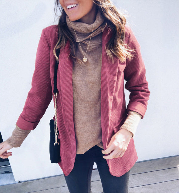 Pure Color Pocket Long Sleeve Lapel Blazer Outwear