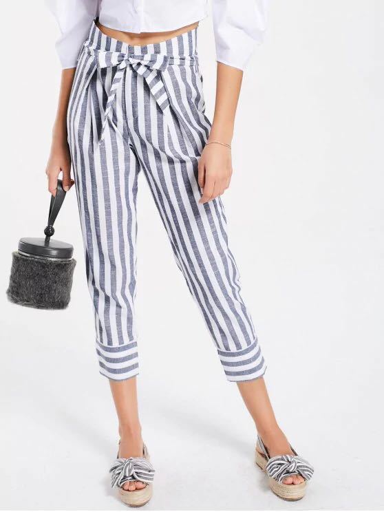 New striped belted high waist cropped pants