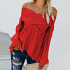 Elastic Off Shoulder Long Flare Sleeve Plain Pleated Loose T-Shirts