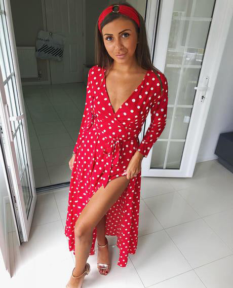 Sexy V-neck Long Sleeve Strap Polka Dot Dress