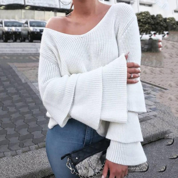 Trumpet Sleeve V-Neck Solid Color Knit Sweater