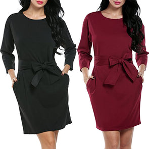 Round Neck Cropped Sleeves Pocket Dress