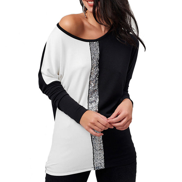 Splicing Sequined Casual Long-Sleeved T-Shirt