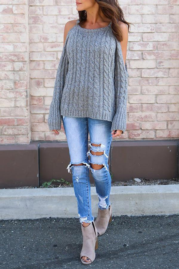 Open Shoulder  Cutout  Plain Sweaters