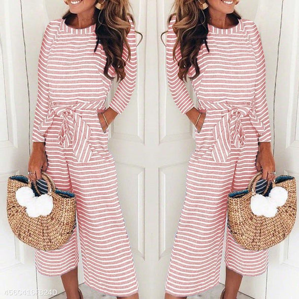 Round Neck Long Sleeve Stripes Lace Up Jumpsuits