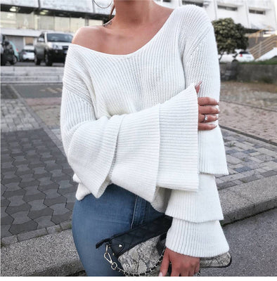 V-neck Lantern Long Sleeve Loose Sweater