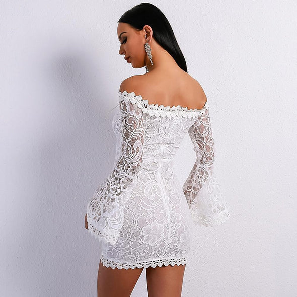 Women Sexy Slash Neck Lace Dresses Female Cross Backless Speaker Sleeve Mini White Bodycon Dress Vestdios