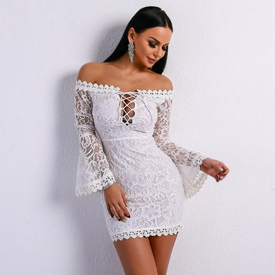 Women Sexy Slash Neck Lace Dresses Female Cross Backless Speaker Sleeve Mini White Bodycon Dress Vestdios