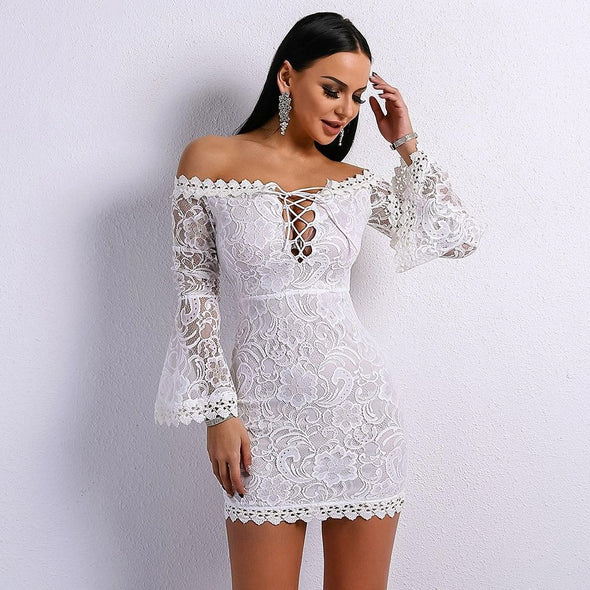 Women Sexy Slash Neck Lace Dresses Female Cross Backless Speaker Sleeve Mini White Bodycon Dress Vestdios