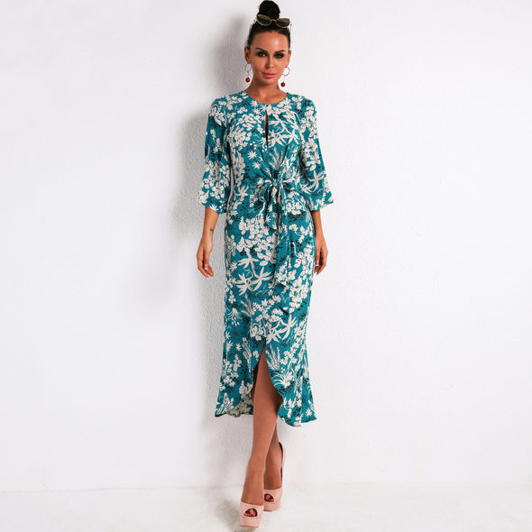 Copy of Summer Deep V Two Split Print Beach Dress Kafftan Long Sleeve Ruffle Seaside Maxi Dress