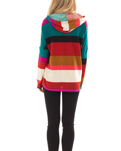 New Rainbow Stripe Loose Hooded Sweater