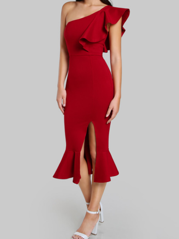 One Shoulder  Plain  Blend Bodycon Dress