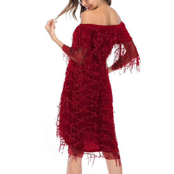 Off Shoulder Flare Sleeve Sequin Irregular Evening Dress