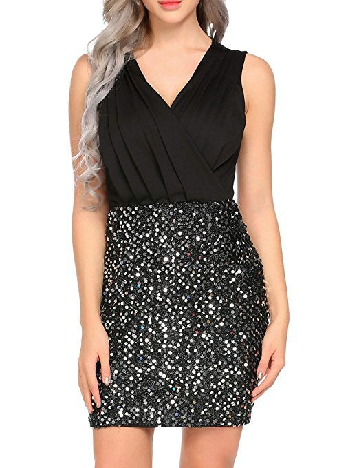 Women's Sleeveless Ssequin Stitching V-neck Evening Dress