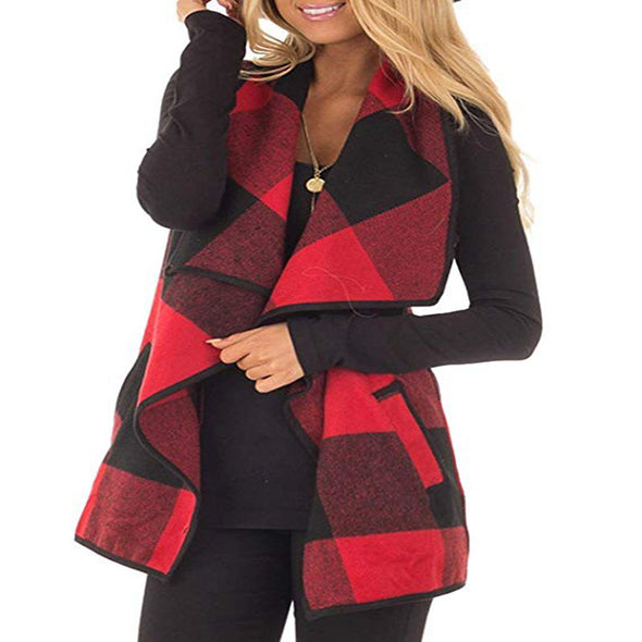 Plaid Lapels Sleeveless Cape Coat