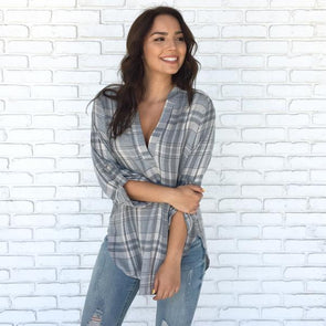 New Plaid Deep V-neck Long Sleeve T-Shirt