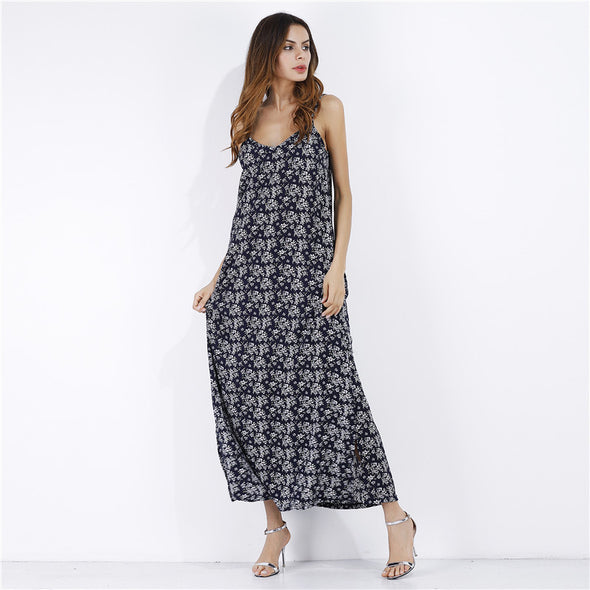 New chiffon floral V-neck casual beach dress maxi dress