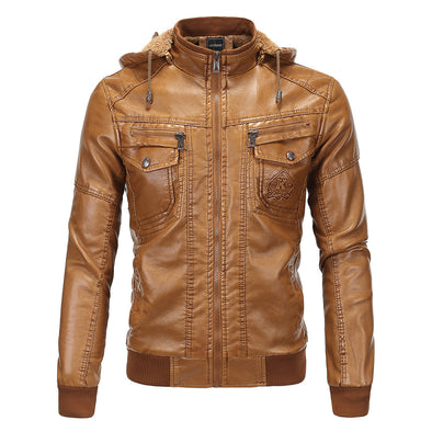 Men's Plus Velvet Warm Classic Imitation Sheepskin Hooded Leather Jacket