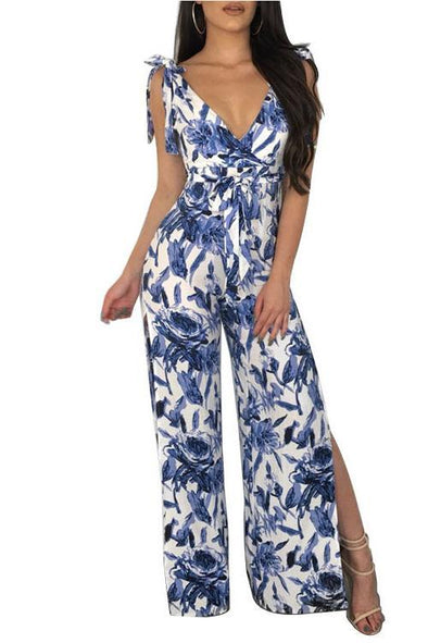 Sexy V Collar Floral Printed Wide Leg Jumpsuit