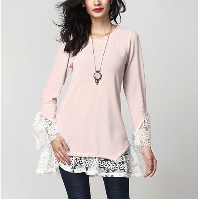 O-Neck Long Sleeve Irregular Stitching Hook Flower Hollow T-Shirt