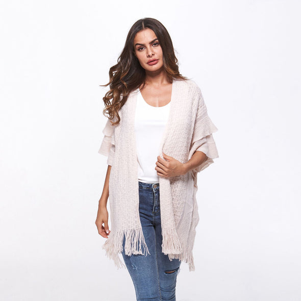 Solid Color Tassel Dolman Sleeve Knitting Cardigan