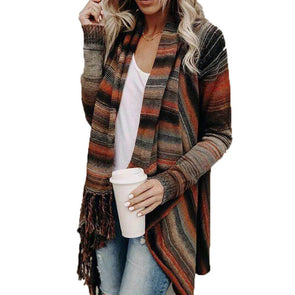 Irregular Fringed Striped Knit Cardigan