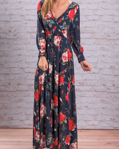 Long Sleeve Printed V-Neck Long Skirt