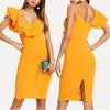 Pure Color Deep V Collar Ruffles Package Hip Bodycon Dress