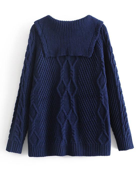 Lapel Navy-blue Long Sleeves Sweater Tops