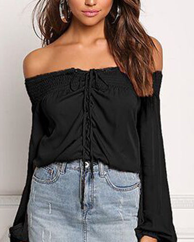 Fashion Solid Off Shoulder Slash Neck Bandage Shirt