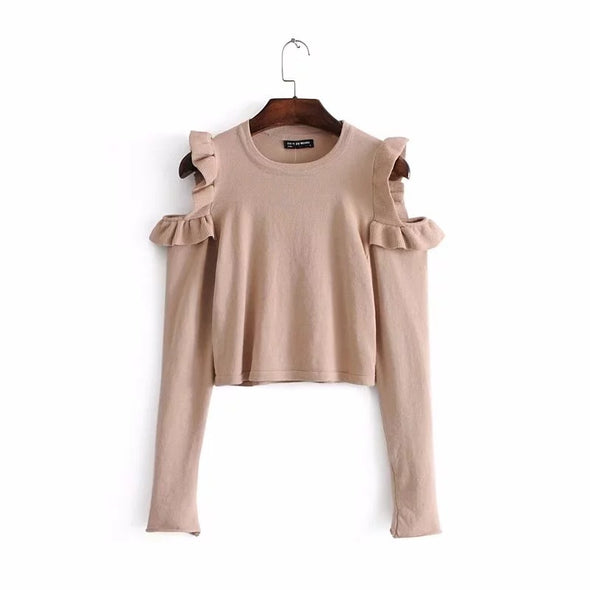 Wooden Ear Strapless Shoulder Round Neck Sweaters