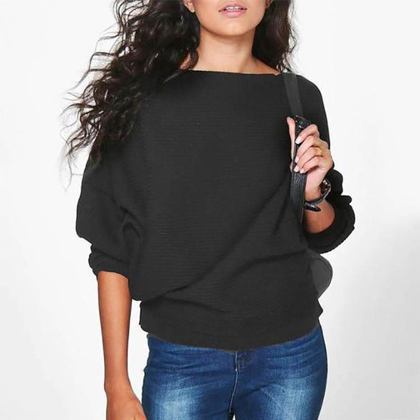 Women Loose Knitted Bat-Wing Sleeve Casual Jumper Type Sweater