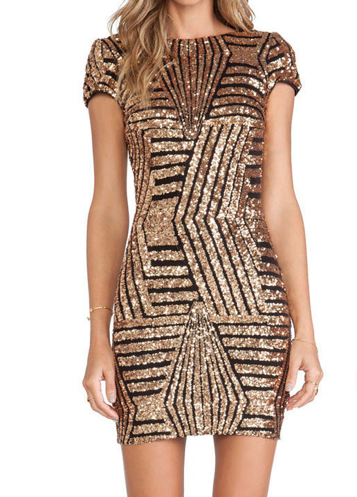 Slim Backless Sequins Short Sleeve Bodycon Dress