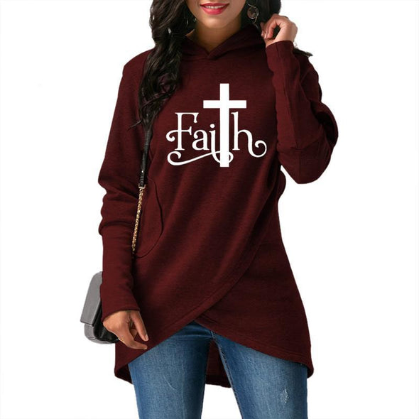 Long Sleeve Fleece Print Irregular Hooded Sweater