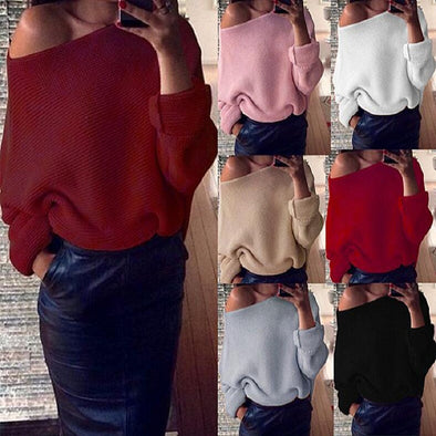 Off-The-Shoulder Solid Long-Sleeved Loose Sweater