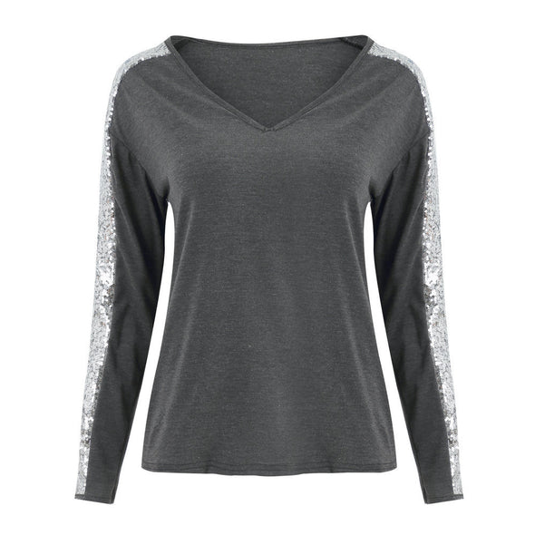 Sexy V-Neck Sequin Stitching Sweatshirt