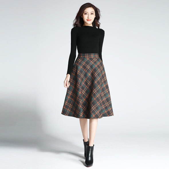 Woolen Plaid High Waist A-Line Skirt
