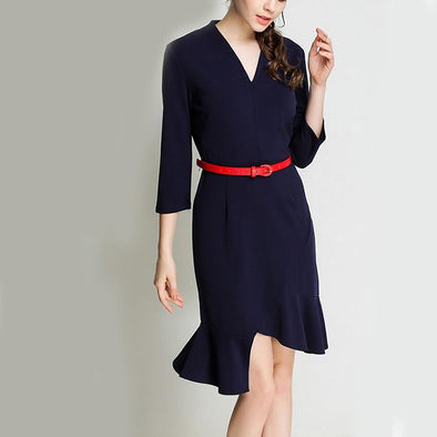 Office V-Neck Mermaid Hem Elegant Dress With Belt