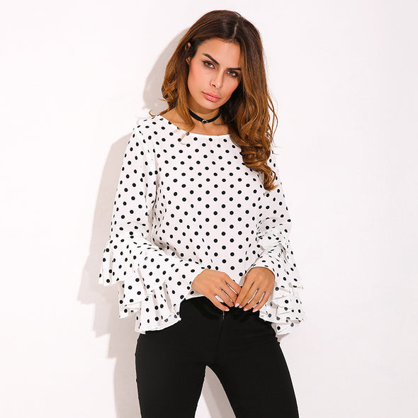 Casual O-Neck Dot three-layer Ruffles sleeve T-shirt