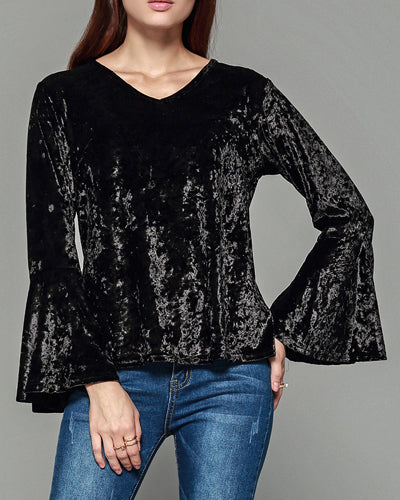 Velvet Flared Long Sleeve Halter T-Shirt