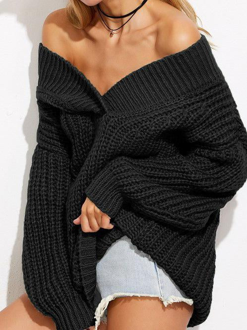 Off Shoulder V-neck Solid Color Sweater Tops