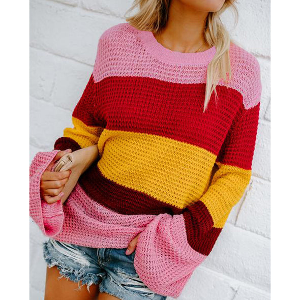 Three-Color Stitching Long Sleeve Loose Sweater