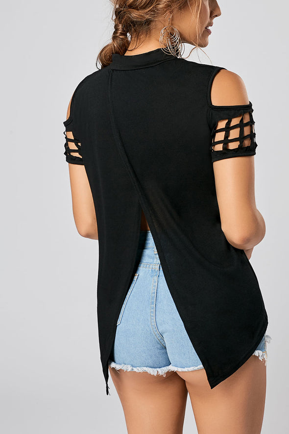 Fashion High Neck Hollow Out Off Shoulder Slit T-Shirt