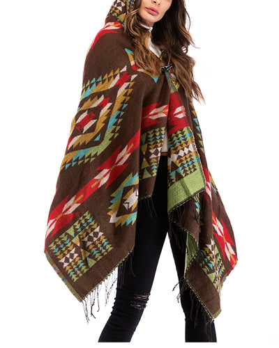 New Geometric Pattern Tassel Hooded Shawl Coat