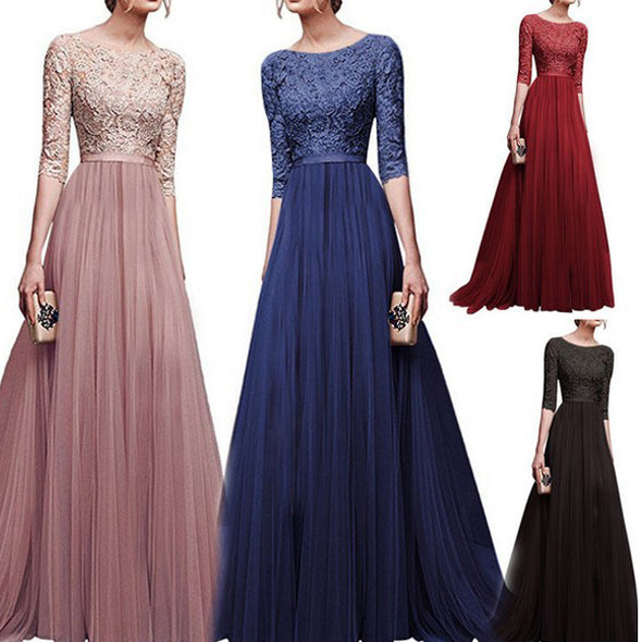 Round Neck Patchwork Plain Evening Dress