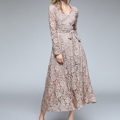 Fashion V-Neck High Waist Hollow Lace Long Sleeve Dress