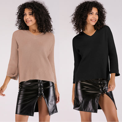 Solid Color V- neck Nine Points Sleeve Sweaters