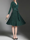 Women's New V-Neck Long Sleeve Knit Silk Pleated Dress