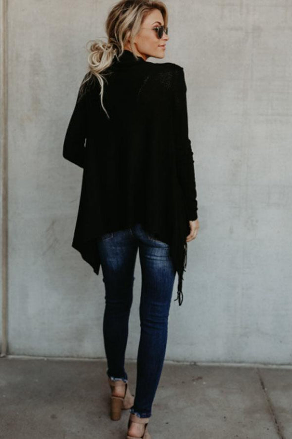 Fashion Solid Asymmetric Hem Tassel Cardigans