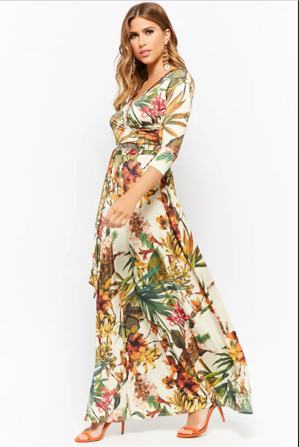 New Deep V-neck Cropped Sleeve Print Dress